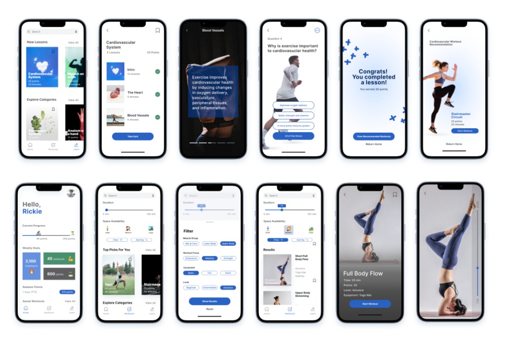 Twelve high-fidelity mobile screens: Learn flow from lesson explore through quiz and completion to workout recommendation; home dashboard with points and PTO redemption; workout search with space and duration filters, advanced filters, results, detail, and active workout view.