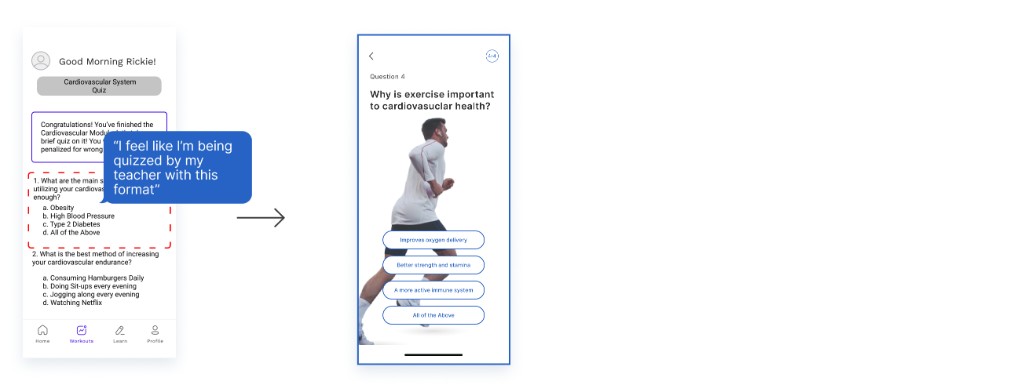 Lesson completion flow: wireframe points screen, mid-fidelity celebration with pattern, then high-fidelity gradient with View Recommended Workouts and a linked workout recommendation screen.