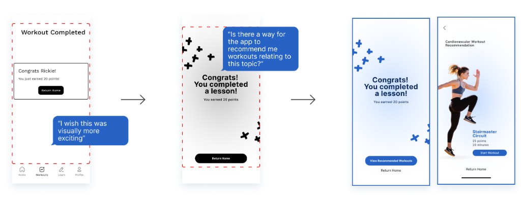 Cardiovascular quiz iteration: text-heavy multiple choice versus immersive full-screen question with pill answers and runner photography, responding to feedback that the first format felt like a classroom test.